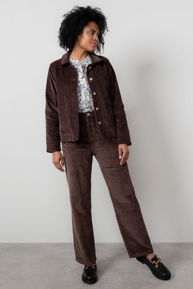 Lily & Me Lily & Me Women's Ash Stretch Cotton Long Sleeve Jumbo Cord Jacket with Printed Lining in Chocolate - 3