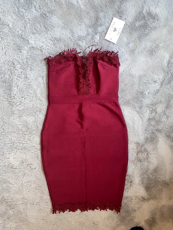 In The Style In the style wine red Bodycon crochet lace fitted Bardot off the shoulder bandeau party dress