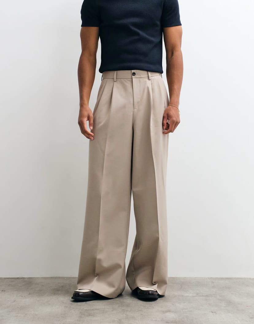 ASOS ASOS DESIGN smart loose leg trousers with double pleats in stone - 1