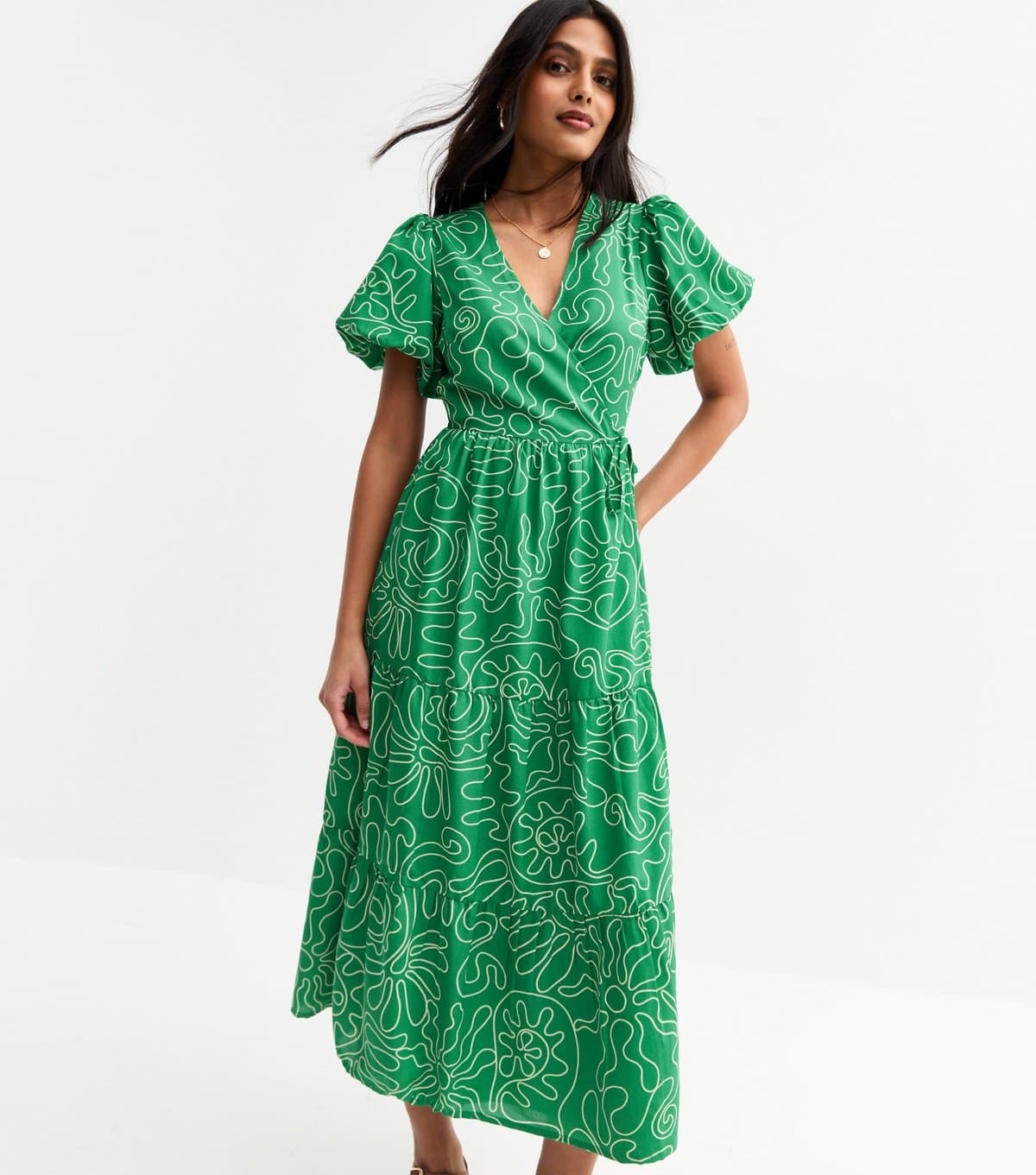 New Look Women's Green Swirl Print Tiered Midi Wrap Dress New Look