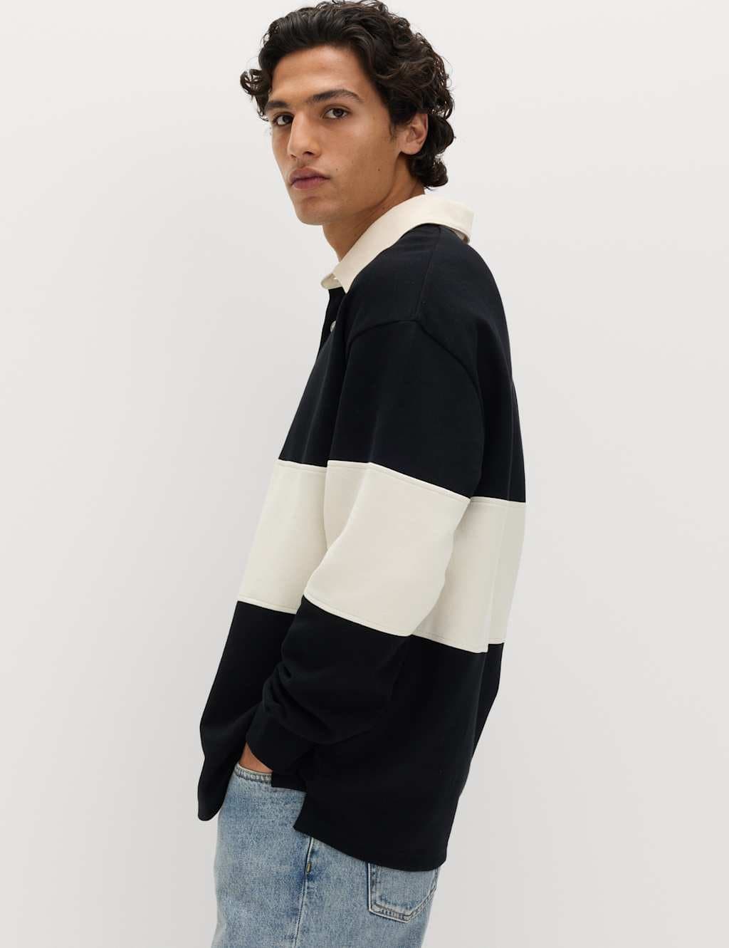 Marks & Spencer M&S Cotton Rich Pique Rugby Shirt Black