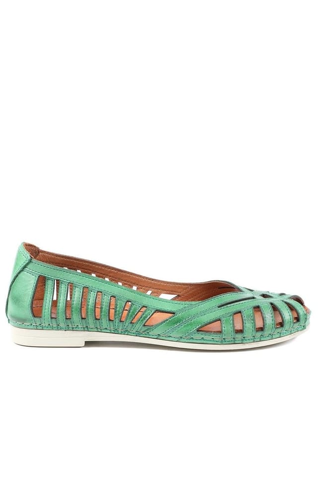 Pavers Pavers Women's Leather Cut Out Peep Toe Flats in Green - 2