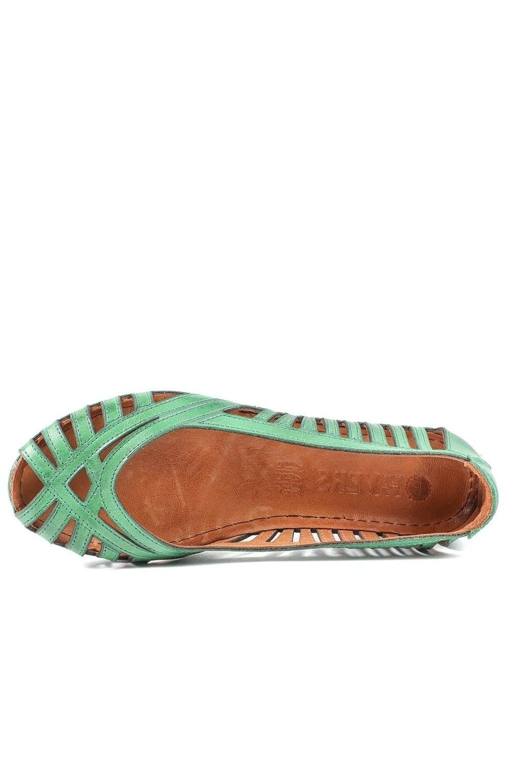 Pavers Pavers Women's Leather Cut Out Peep Toe Flats in Green - 4