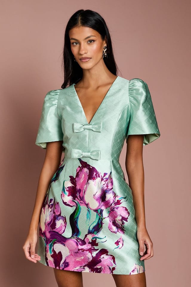 Coast Coast Women's Petite Placement Print Bow Detail Mini Dress in Sage - 2