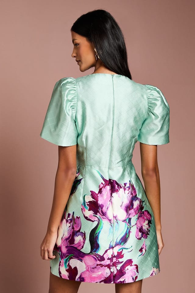 Coast Coast Women's Petite Placement Print Bow Detail Mini Dress in Sage - 3