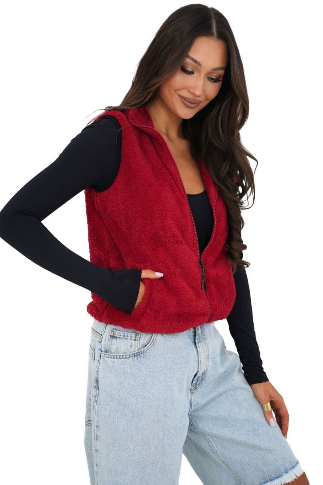Love Lace Love Lace Women's Faux Fur Zipper Gilet Vest with Wind Collar in Red