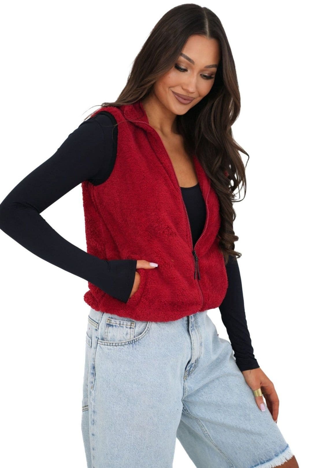 Love Lace Red Faux Fur Zipper Gilet Vest with Wind Collar
