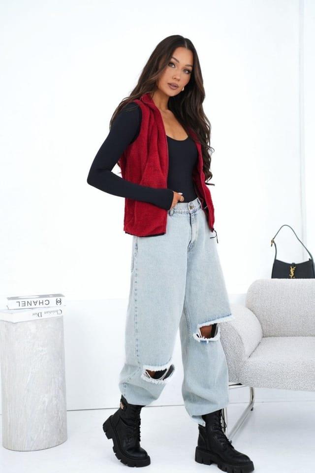 Love Lace Love Lace Women's Faux Fur Zipper Gilet Vest with Wind Collar in Red - 2