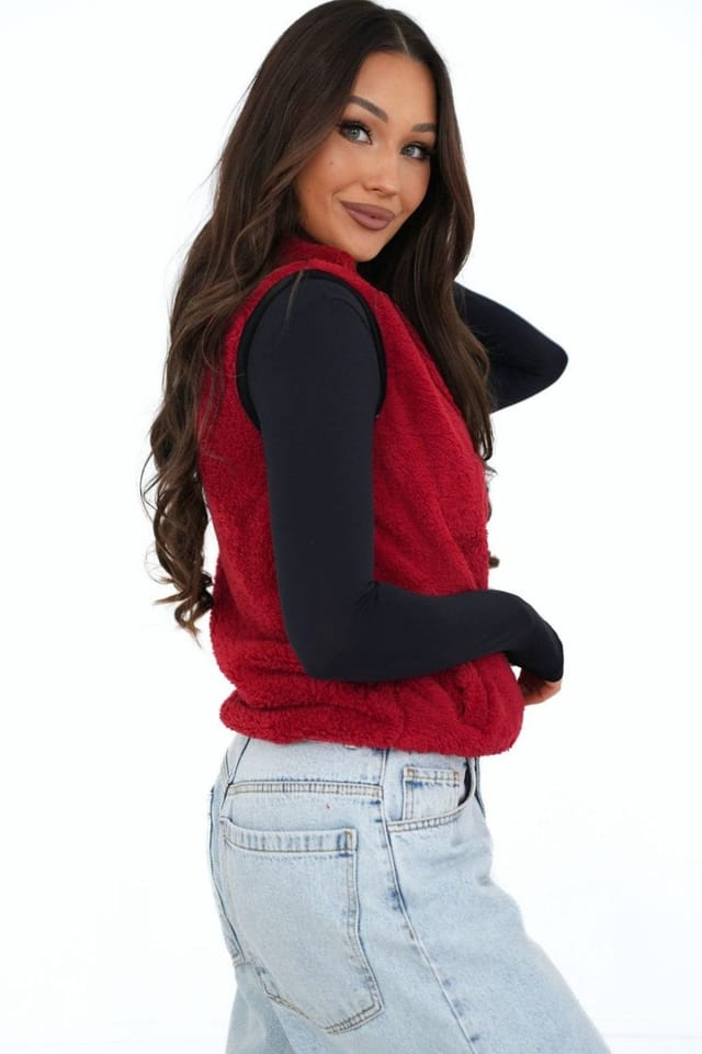 Love Lace Love Lace Women's Faux Fur Zipper Gilet Vest with Wind Collar in Red - 3