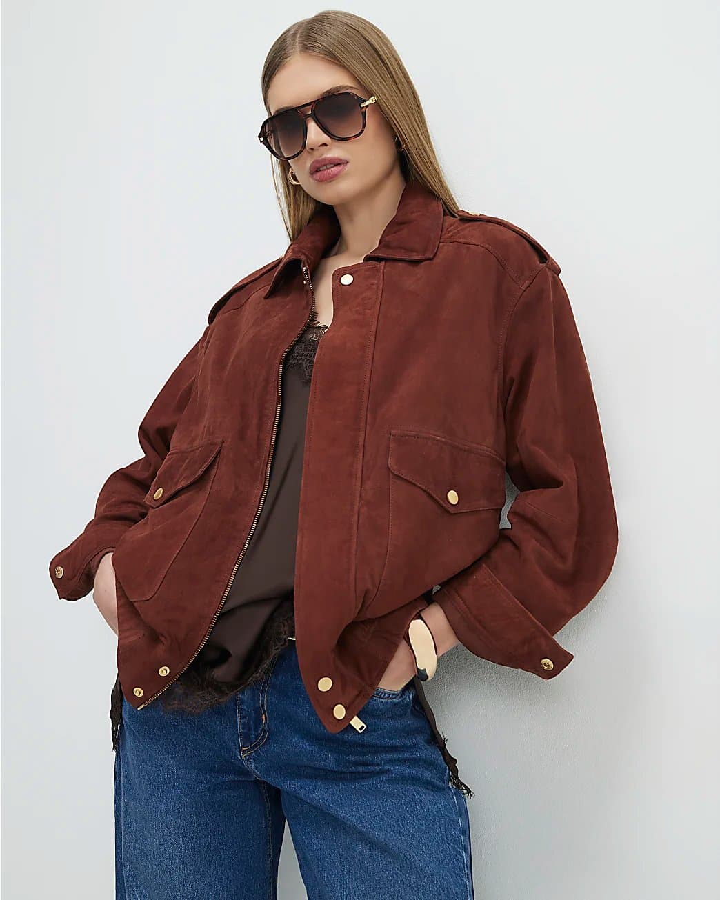 River Island River Island Womens Brown Suede Oversized Bomber Jacket