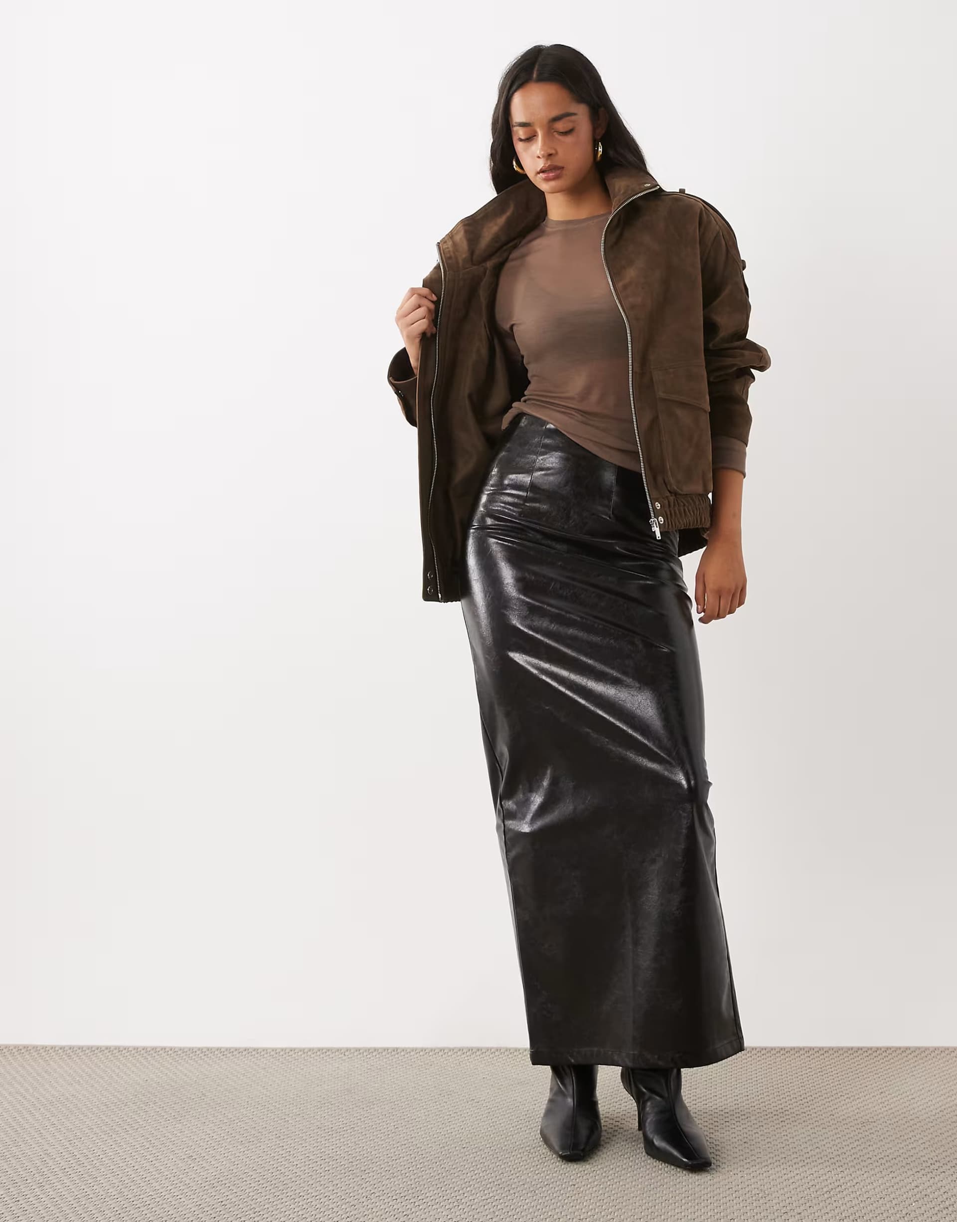ASOS ASOS DESIGN hi shine textured corset seam high waist maxi skirt in black