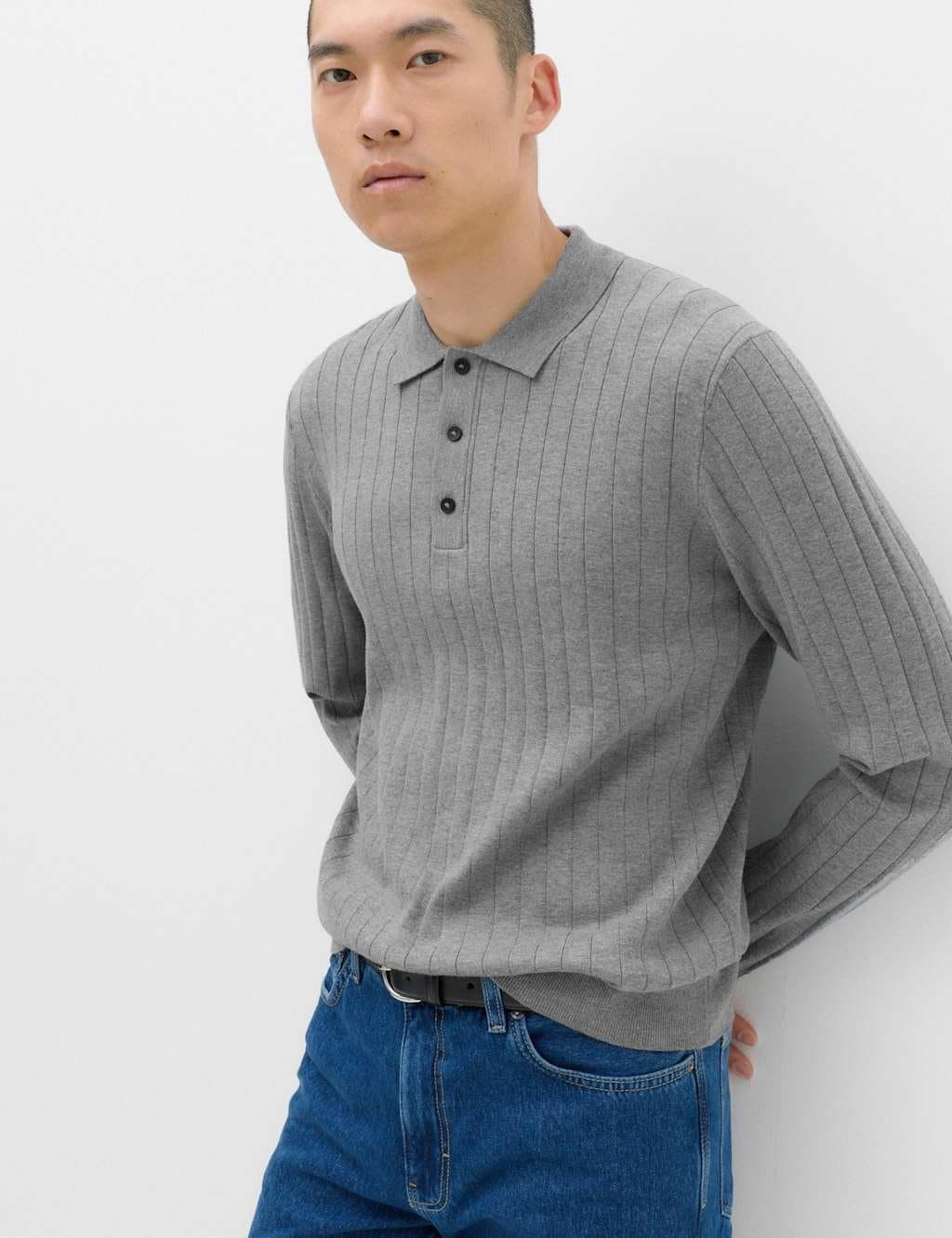 Marks & Spencer M&S Cotton Blend Smart Rib Knit Polo Shirt Silver