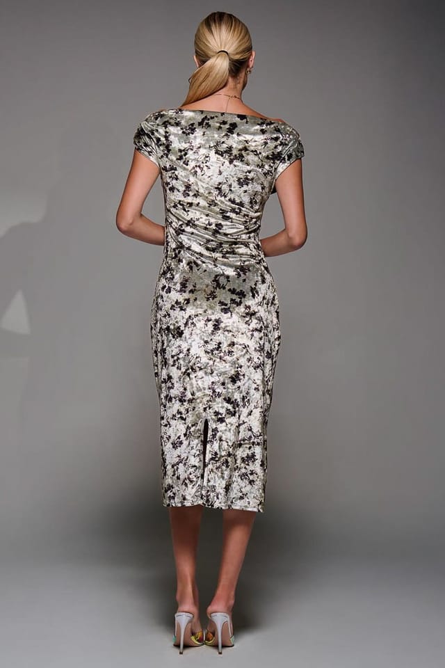 Jolie Moi Jolie Moi Women's Velvet Print Ruched Bodycon Dress in Beige - 2