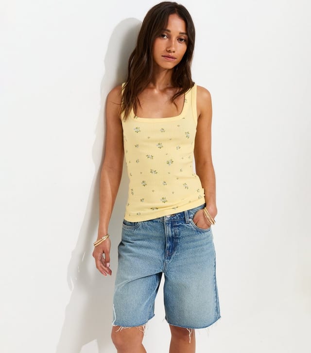 New Look Women's Yellow Cotton Rich Floral Square Neck Tank Top New Look - 2