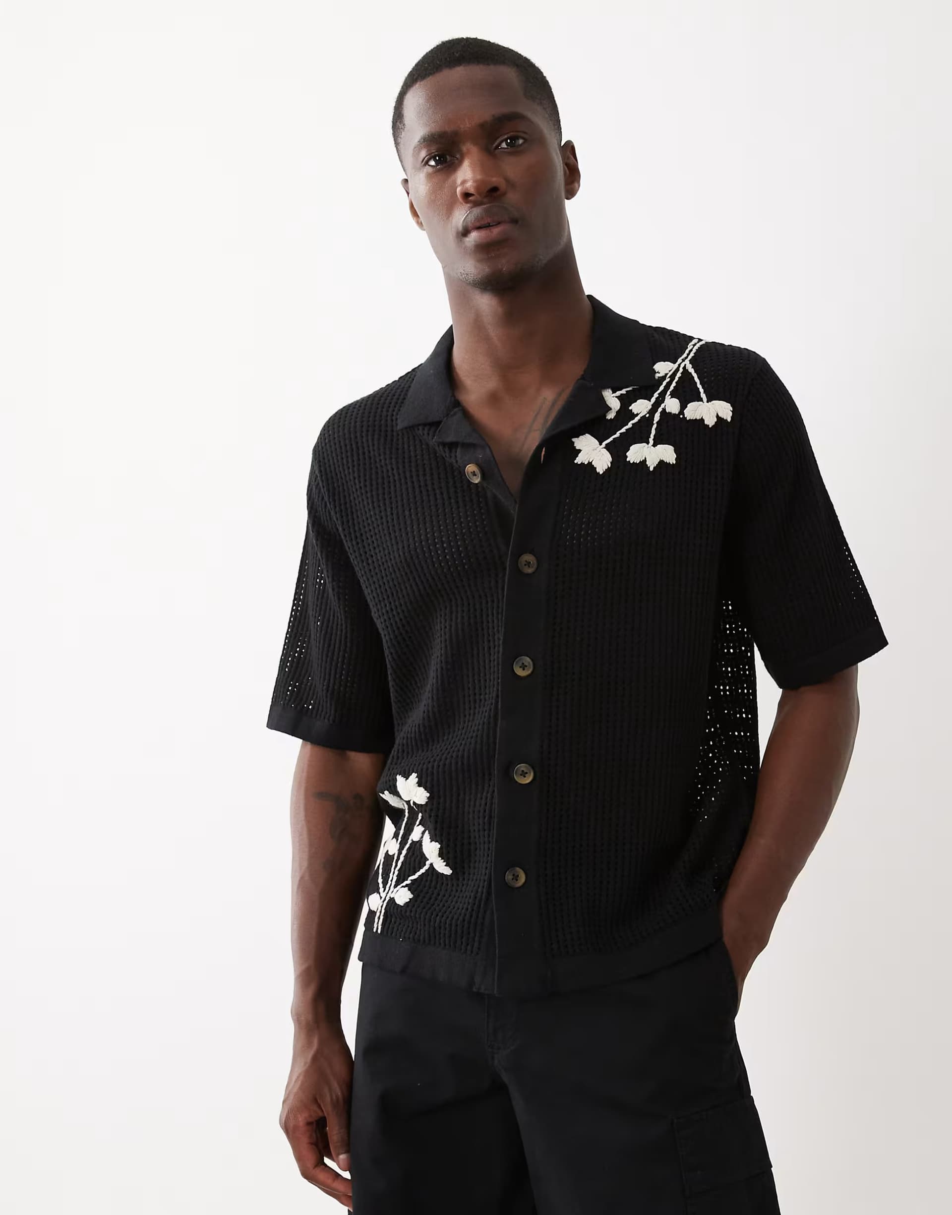 ASOS ASOS Only & Sons Embroidered Open Knit Shirt in Cream