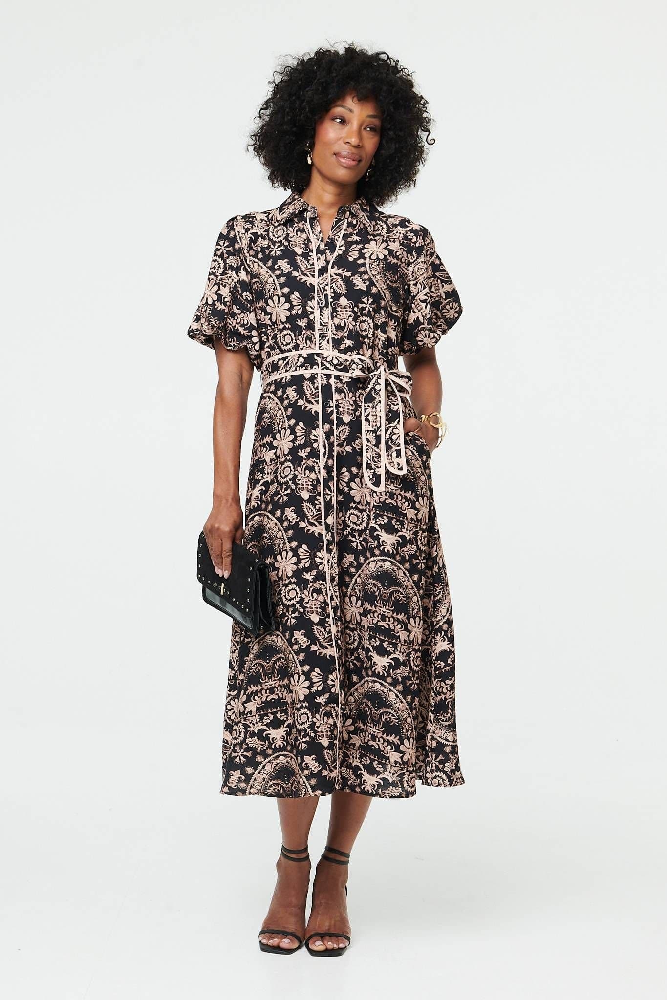 Izabel London Izabel London Women's Printed Puff Sleeve Tie Midi Shirt Dress in Black
