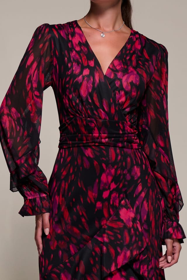 Jolie Moi Jolie Moi Women's Long Sleeve Frill Detail Mesh Maxi dress in Red - 3