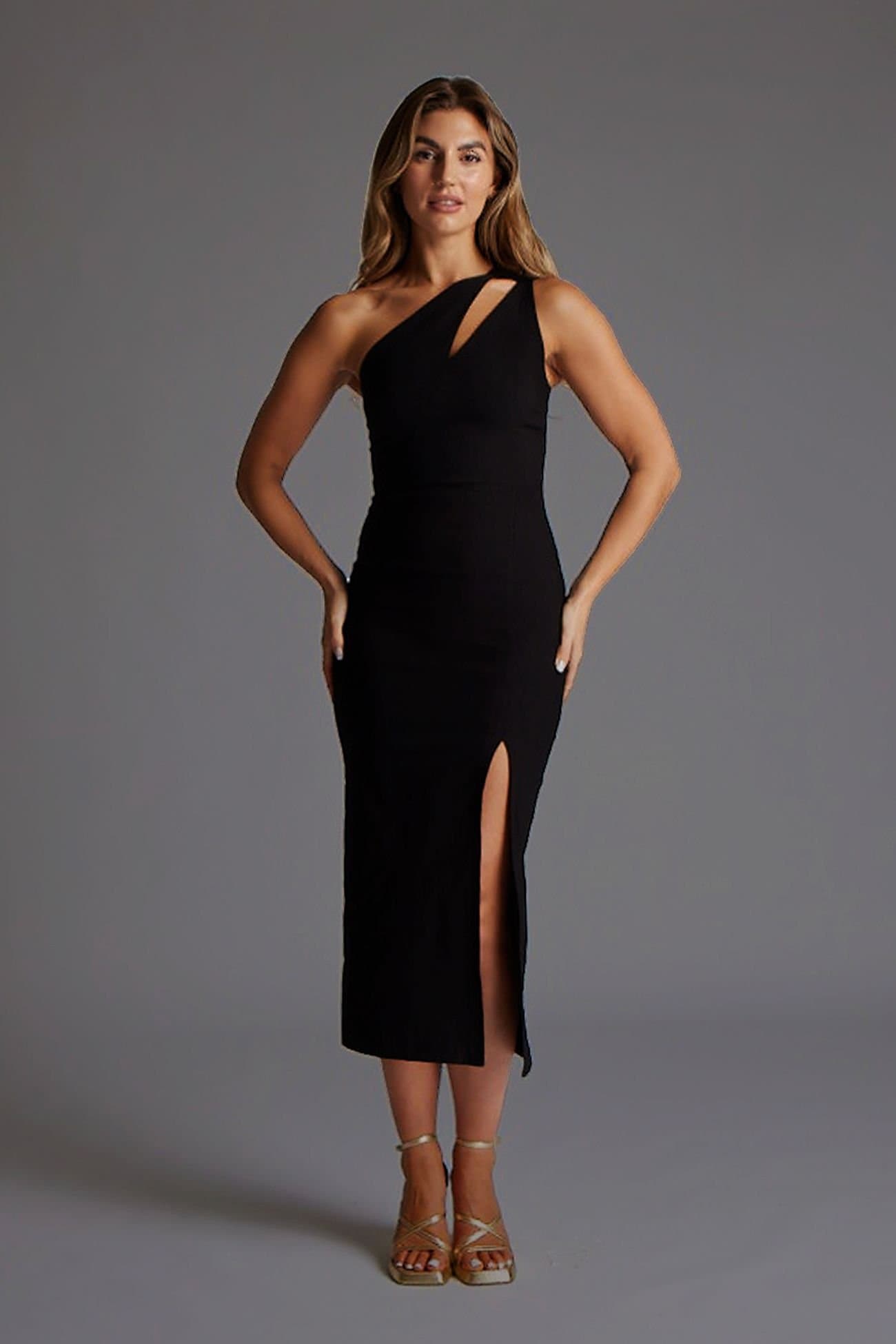 Vesper Vesper Women's One Shoulder Cut Out Midaxi Dress with Thigh Split in Black