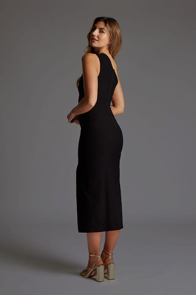 Vesper Vesper Women's One Shoulder Cut Out Midaxi Dress with Thigh Split in Black - 3