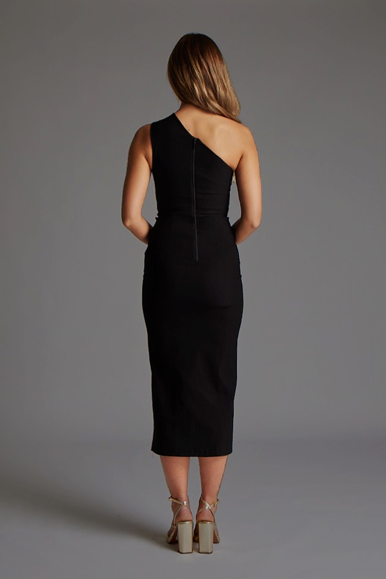 Vesper Vesper Women's One Shoulder Cut Out Midaxi Dress with Thigh Split in Black - 4