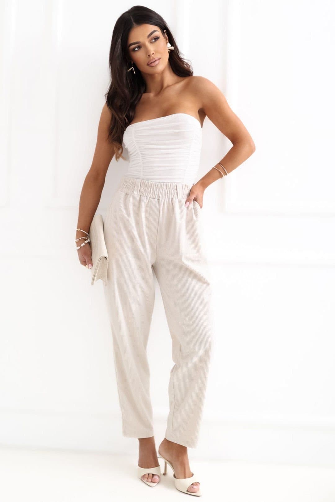 Love Lace Love Lace Women's High Waist Corduroy Paperbag Tapered Pants in Beige