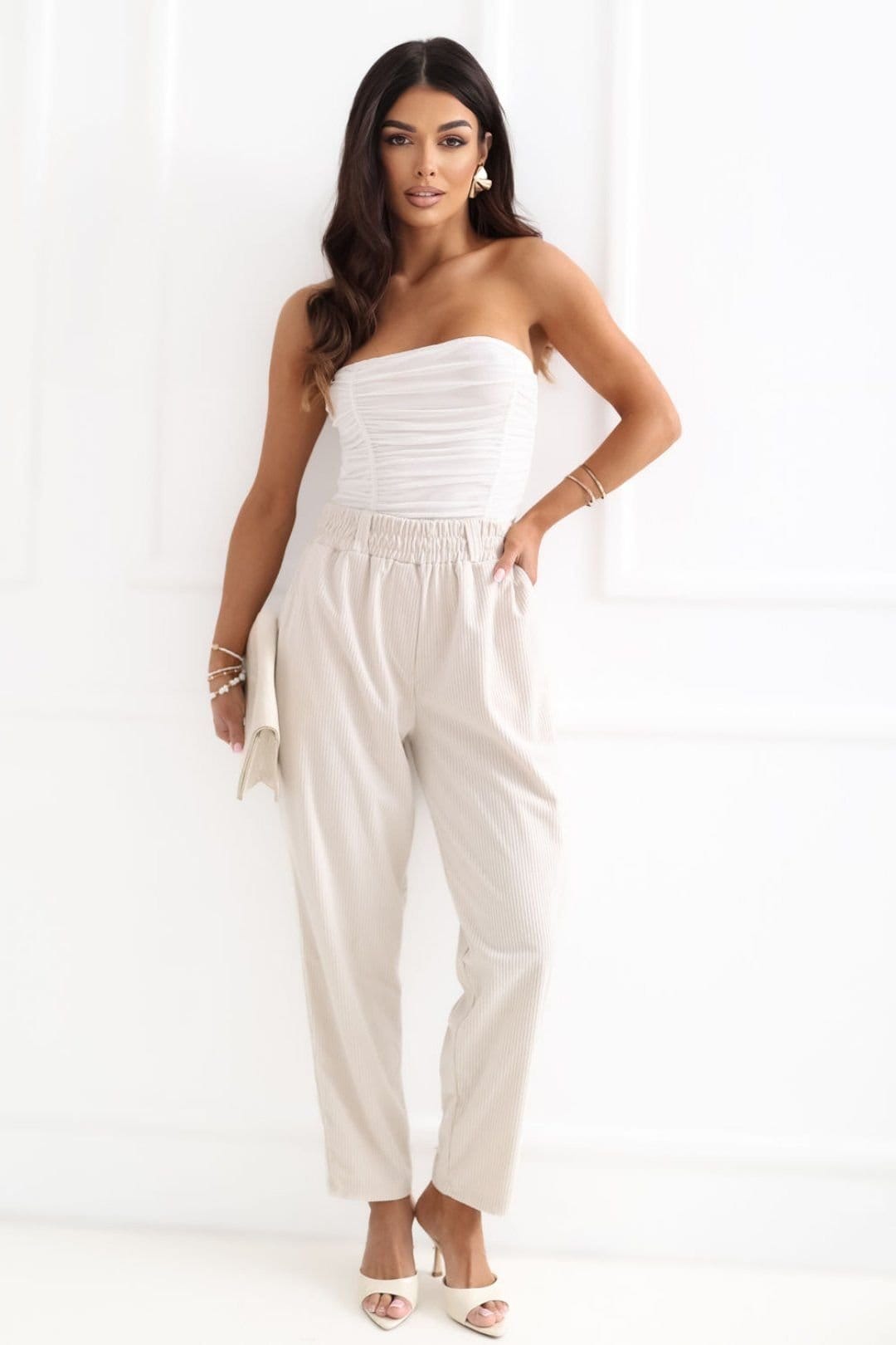 Love Lace Love Lace Women's High Waist Corduroy Paperbag Tapered Pants in Beige - 4