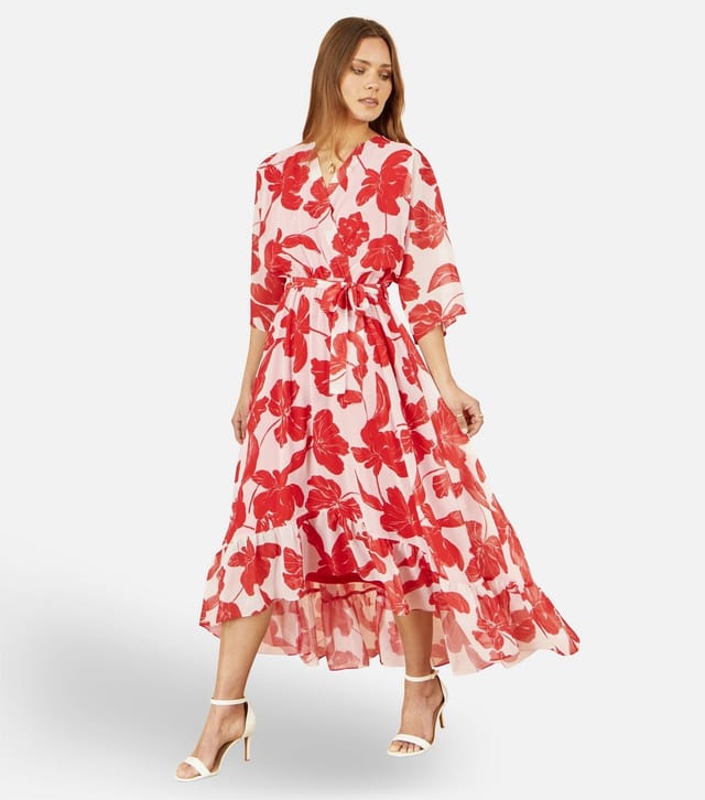 Yumi Women's Red Floral Print Wrap Style Midi Dress Yumi New Look - 3