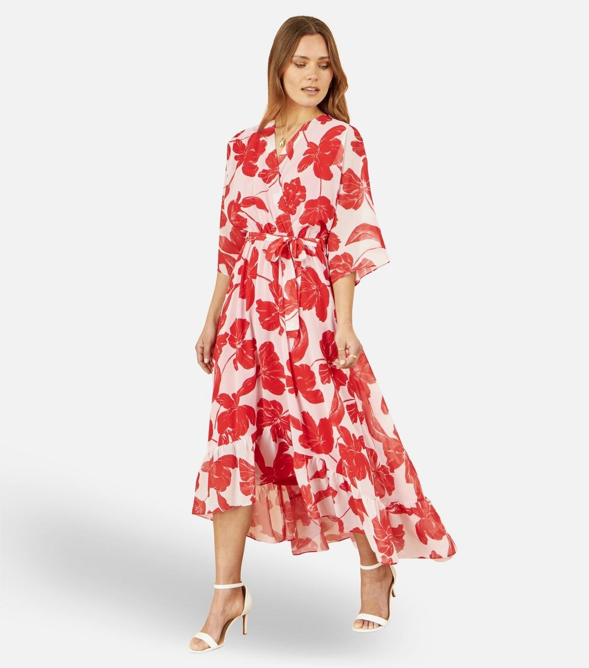 Yumi Women's Red Floral Print Wrap Style Midi Dress Yumi New Look - 4