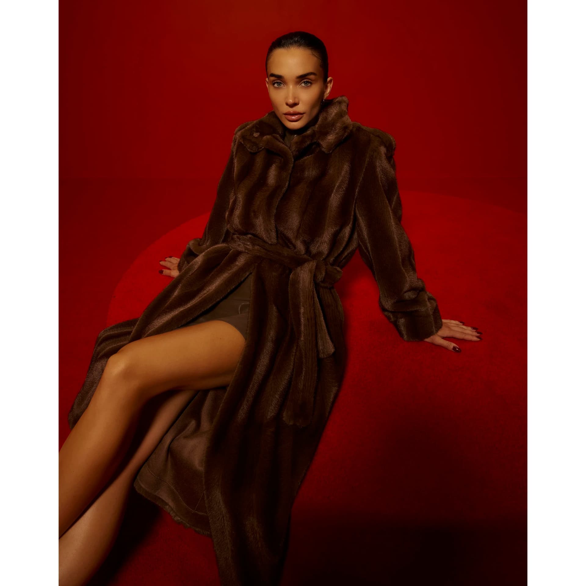 River Island River Island Womens Brown Faux Fur Belted Robe Coat