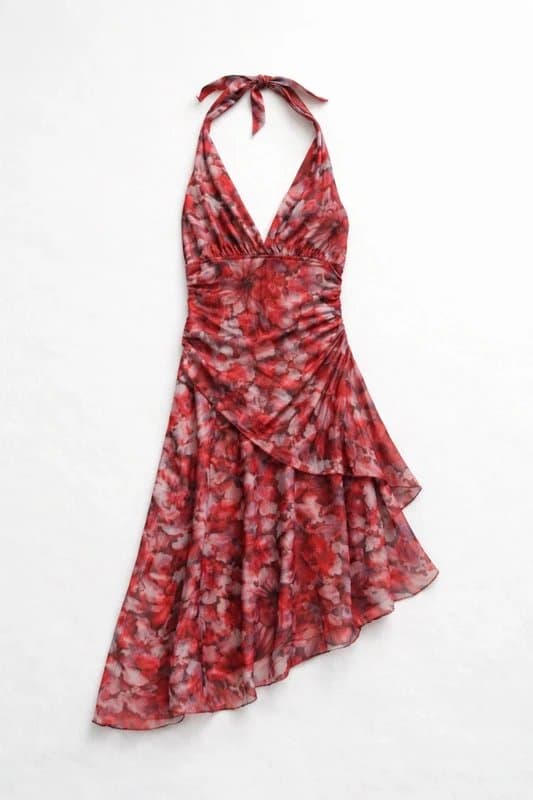 y2k Red Floral Halter Neck Asymmetric Mini Dress Sheer Summer Y2K