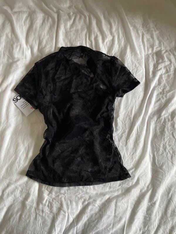 ASOS fitted short sleeve lace top with rouleau loop button detail