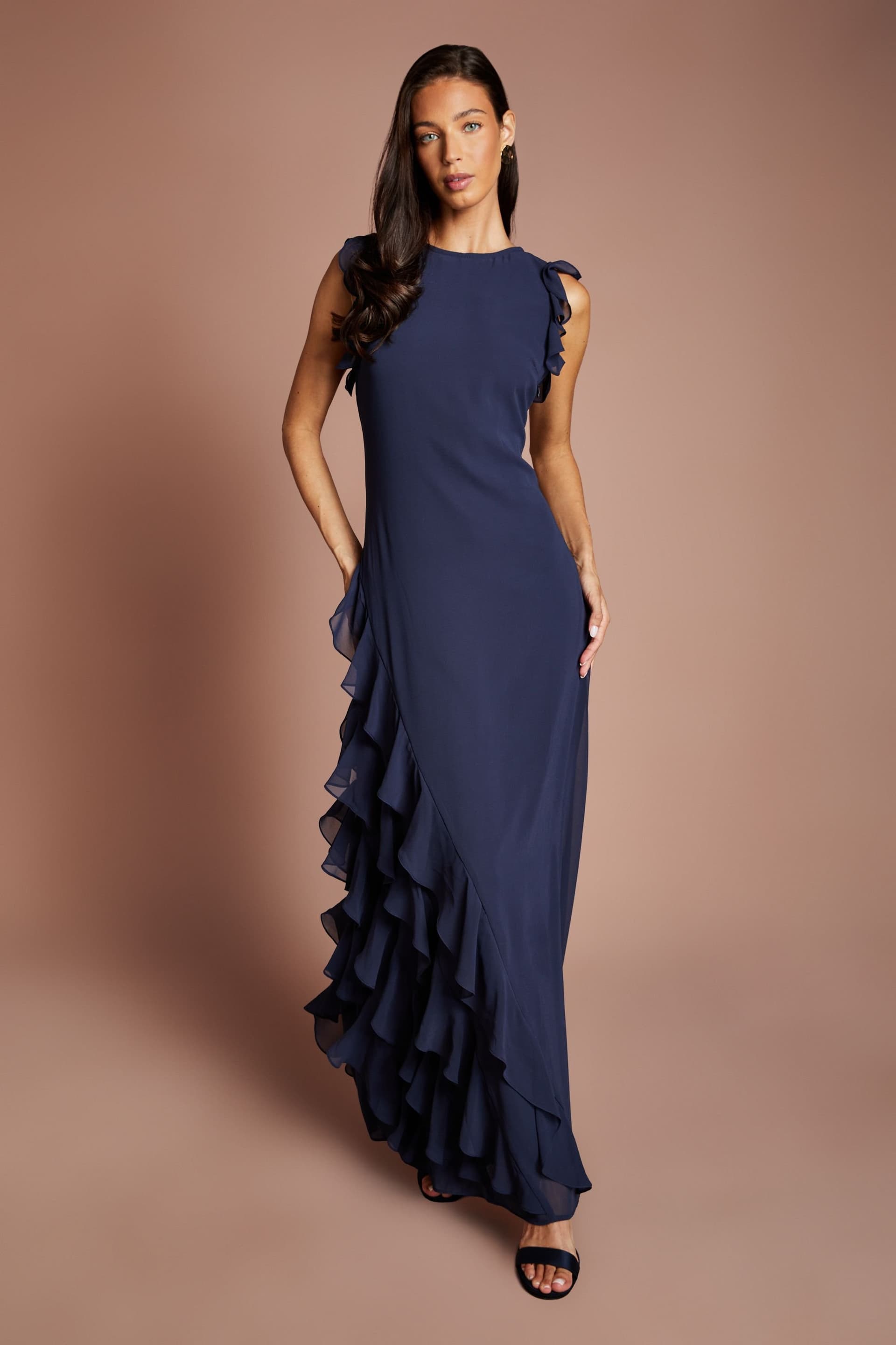 Coast Coast Women's Honoured Ruffle Georgette Maxi Bridesmaid Dress in Navy