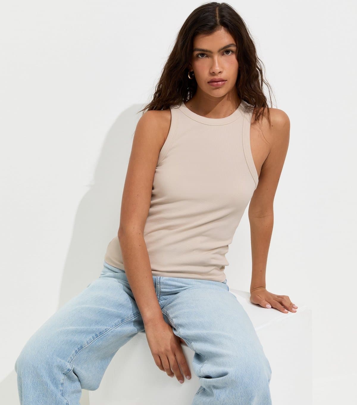 New Look Women's Cream Cotton Rich Racer Back Ribbed Vest Top New Look