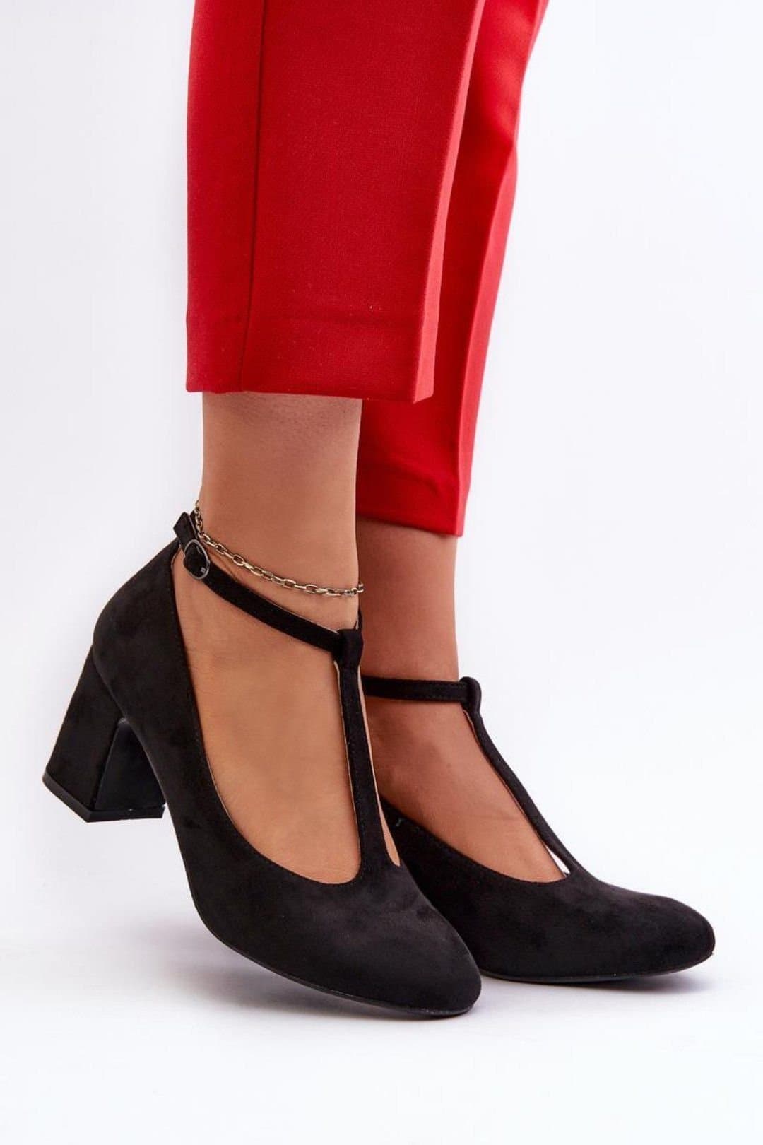 Love Lace Love Lace Women's Block Heel Suede Pumps with Front Strap & Buckle Fit Comfort in Black