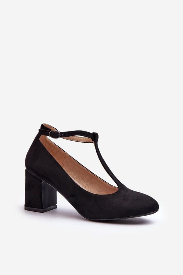 Love Lace Love Lace Women's Block Heel Suede Pumps with Front Strap & Buckle Fit Comfort in Black - 2