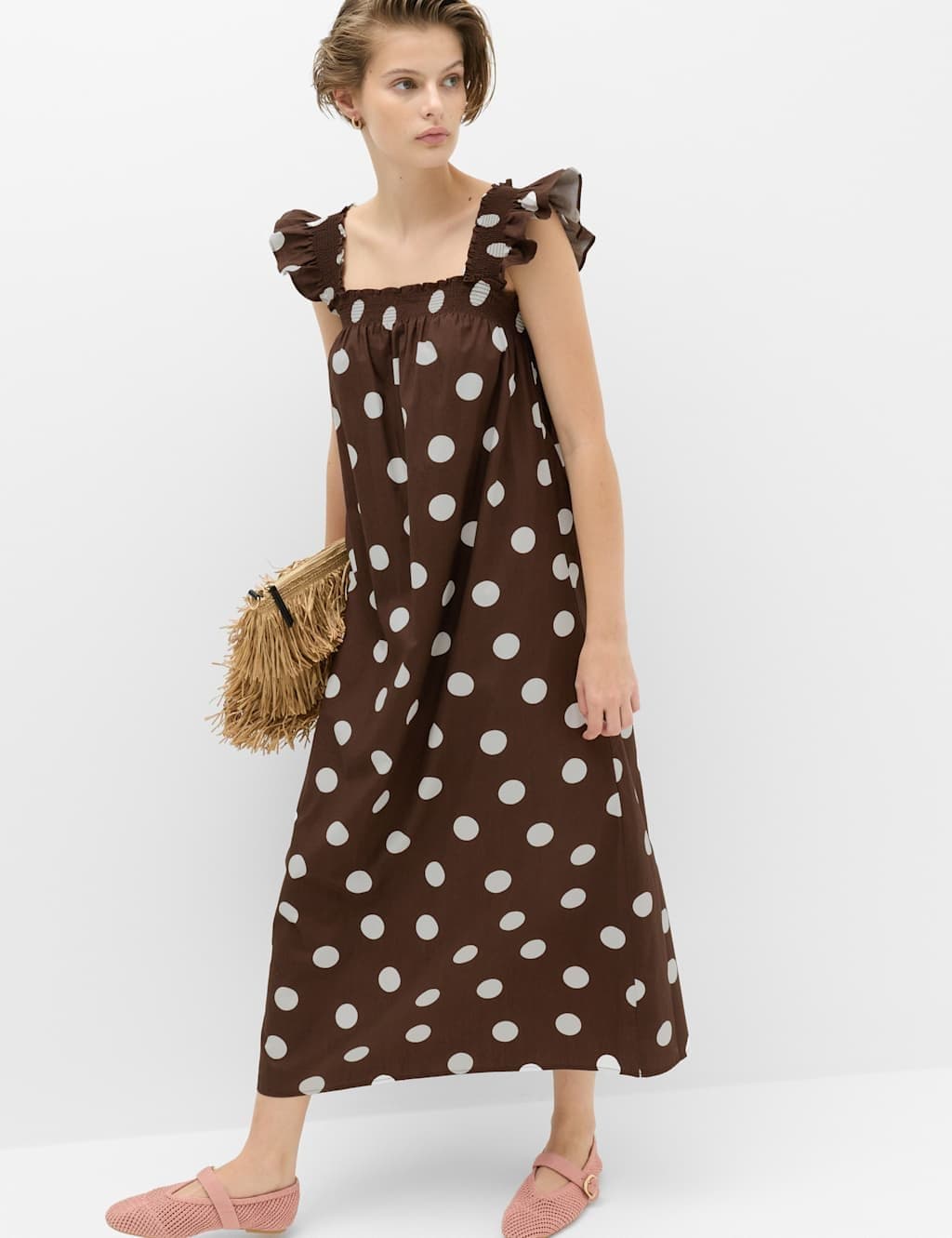 Marks & Spencer M&S Pure Cotton Polka Dot Midi Shirred Dress Chocolate Mix