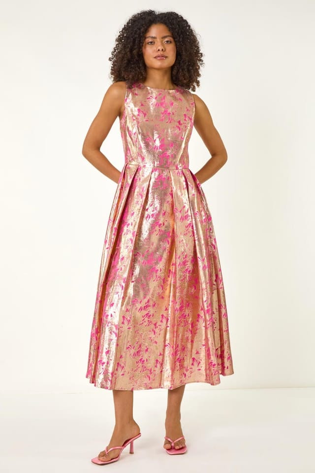 Dusk Dusk Women's Metallic Jacquard Midi Dress in Pink - 2
