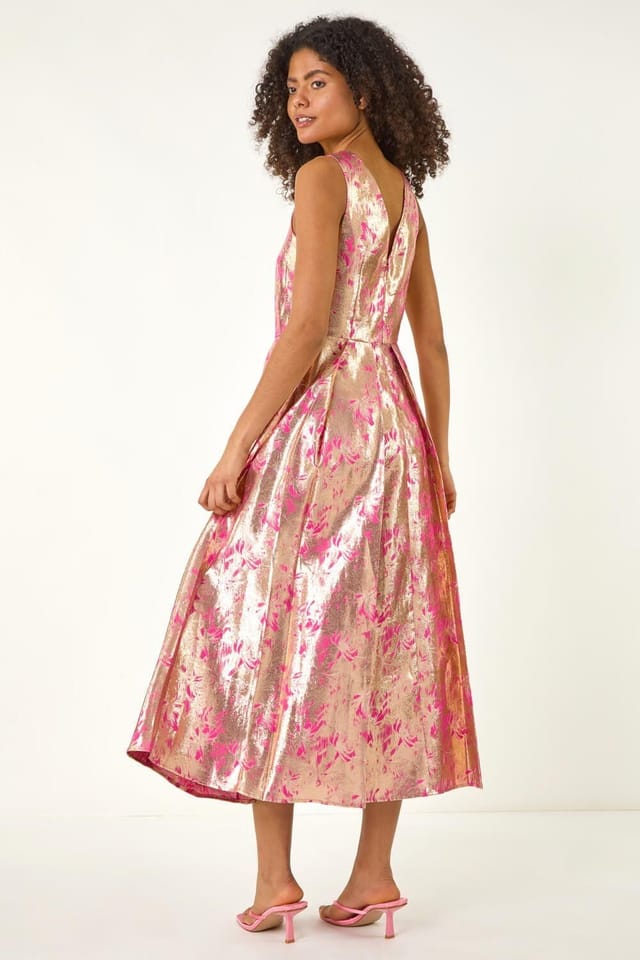 Dusk Dusk Women's Metallic Jacquard Midi Dress in Pink - 3
