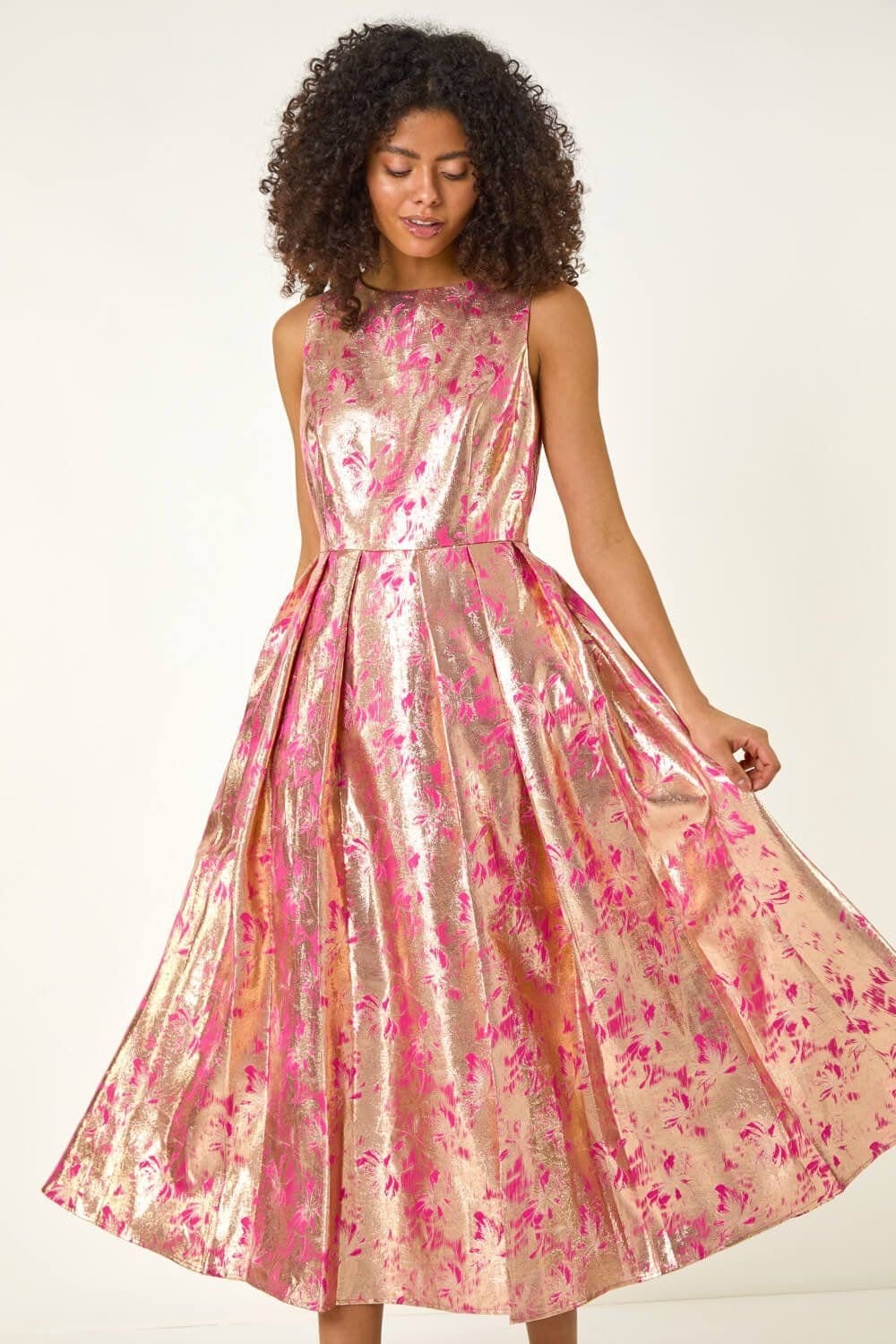 Dusk Dusk Women's Metallic Jacquard Midi Dress in Pink - 4