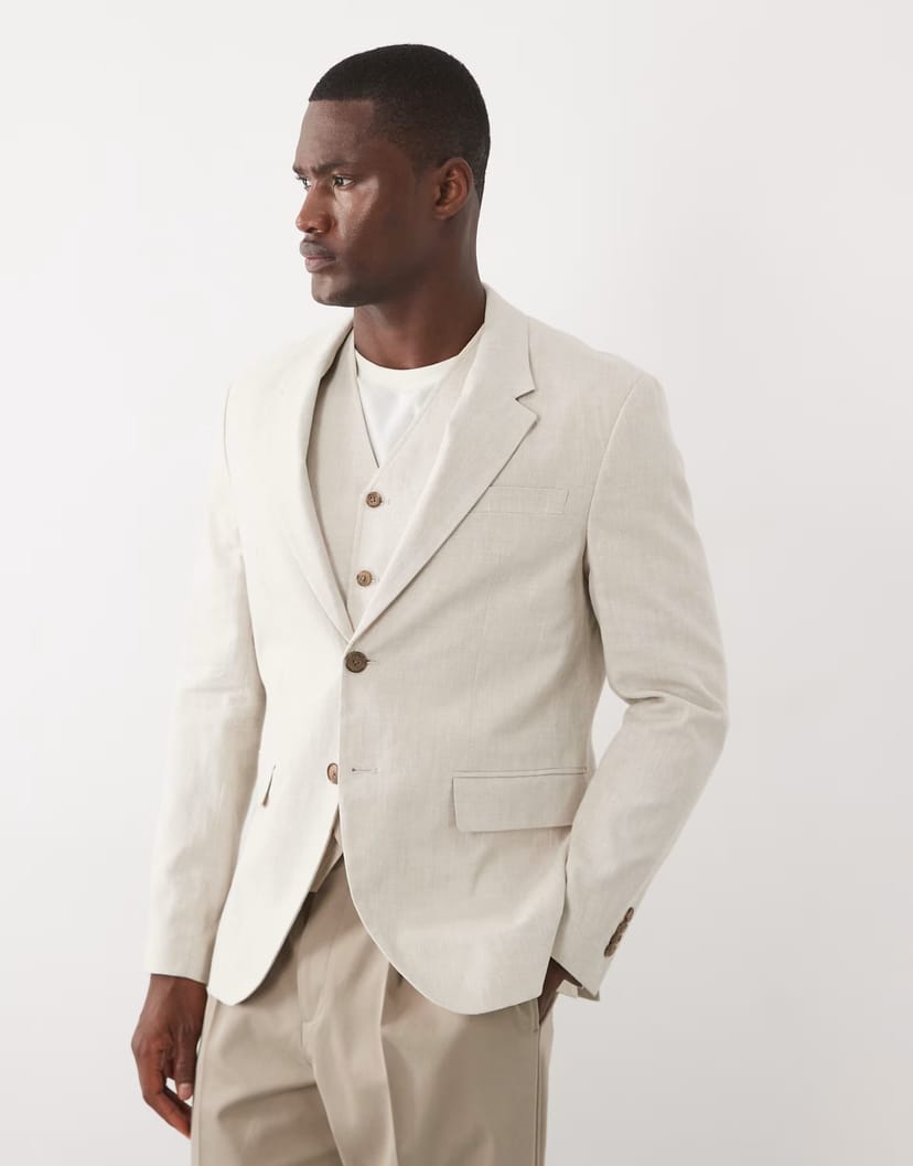 ASOS Jack & Jones Premium co-ord linen blend slim suit jacket in beige - 1