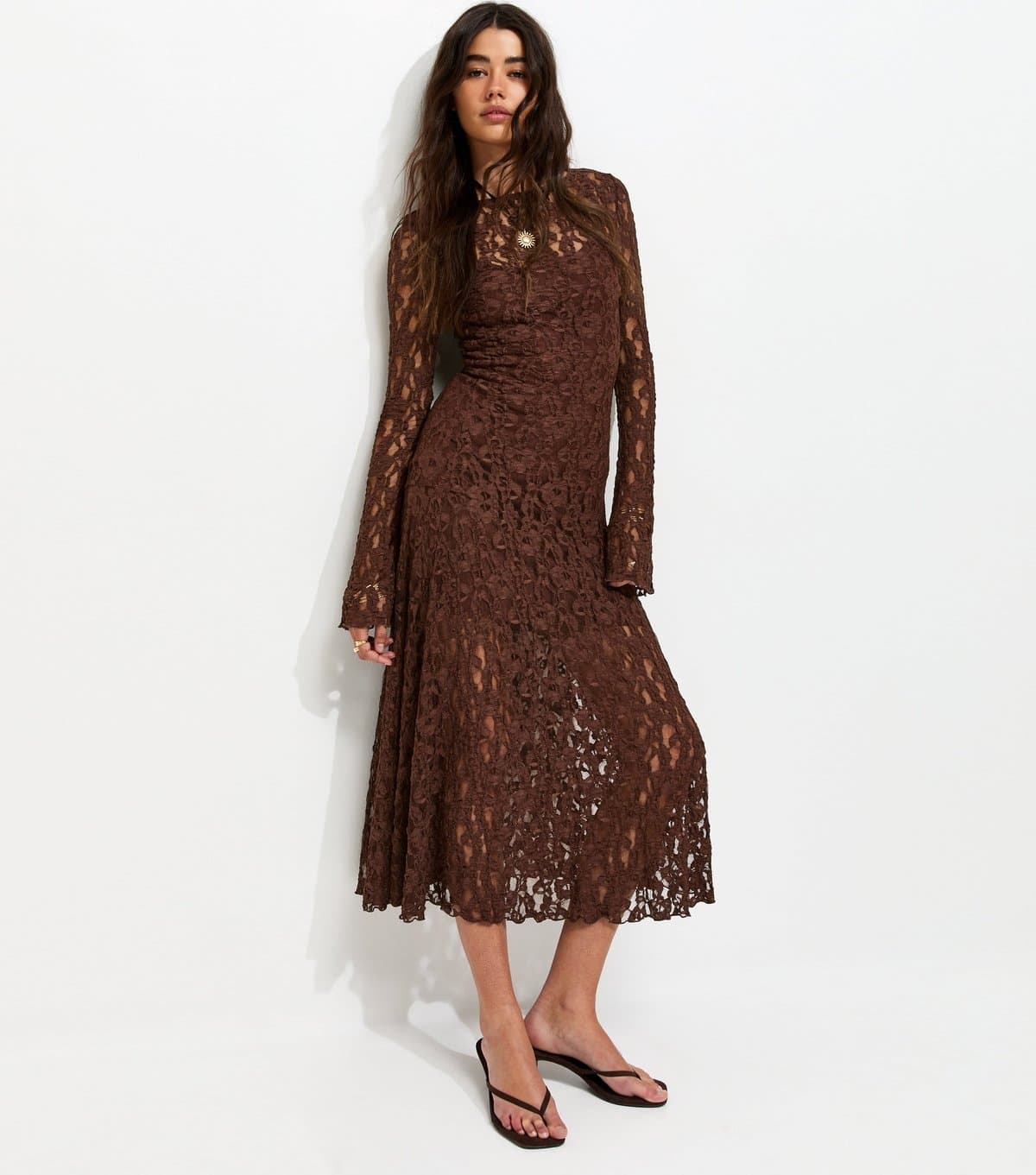 New Look Women's Dark Brown Lace Long Sleeve Midi Dress New Look