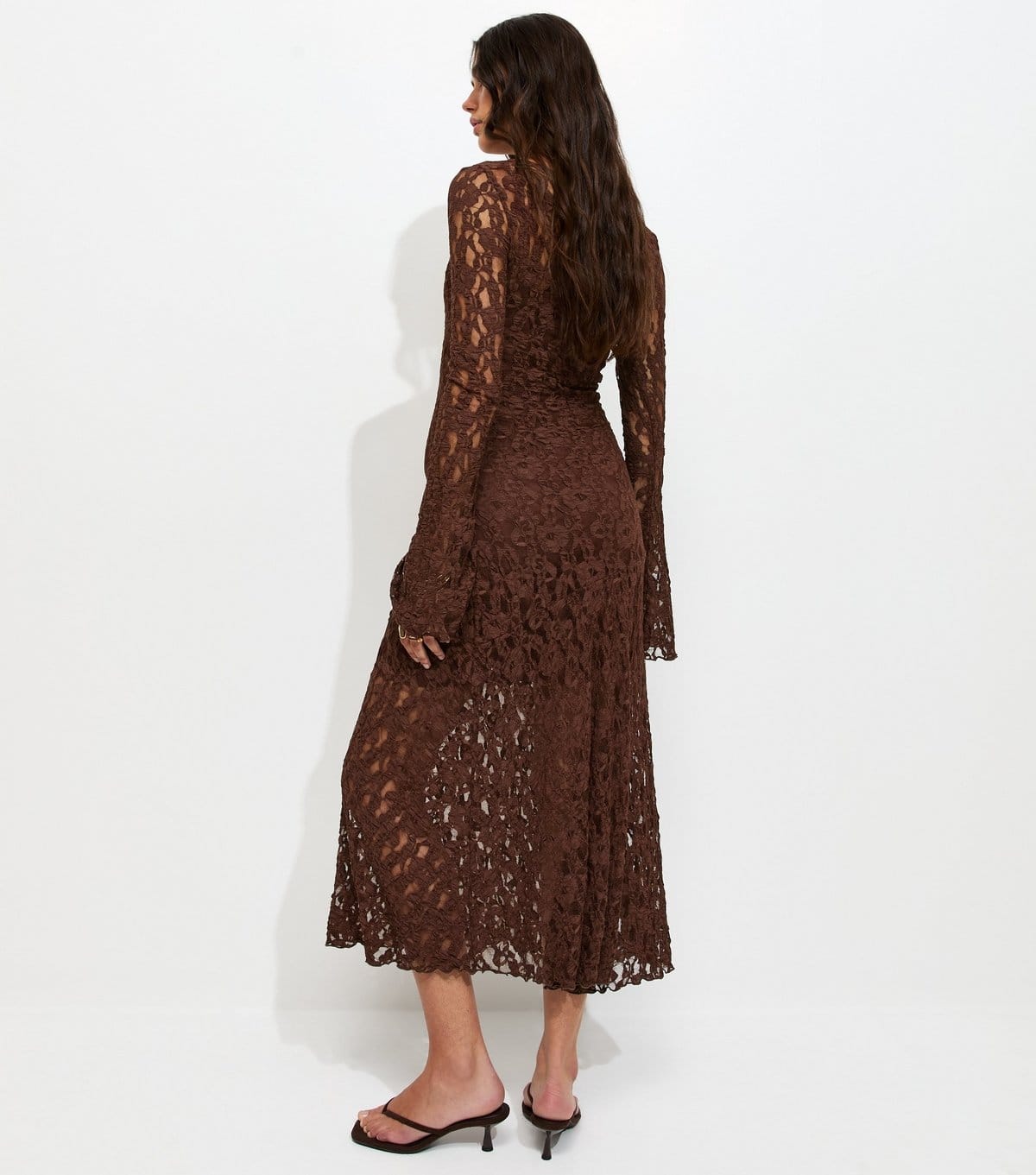 New Look Women's Dark Brown Lace Long Sleeve Midi Dress New Look - 4
