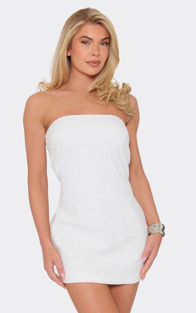 EGO Bandeau Mini Dress In Cream Linen Look, Women's Size UK 6 - 2