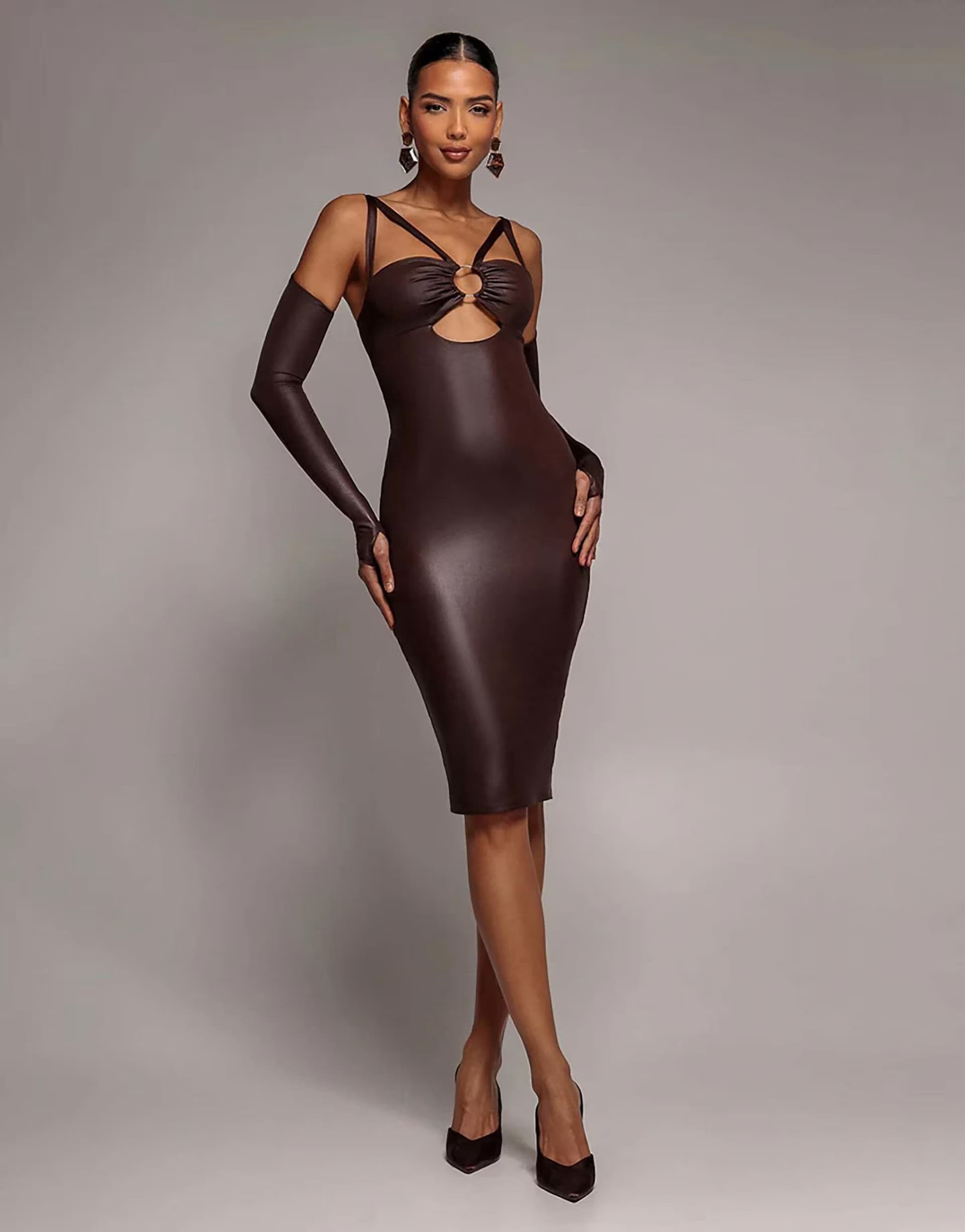 ASOS Goddiva Faux leather cut out sheath midi dress in brown