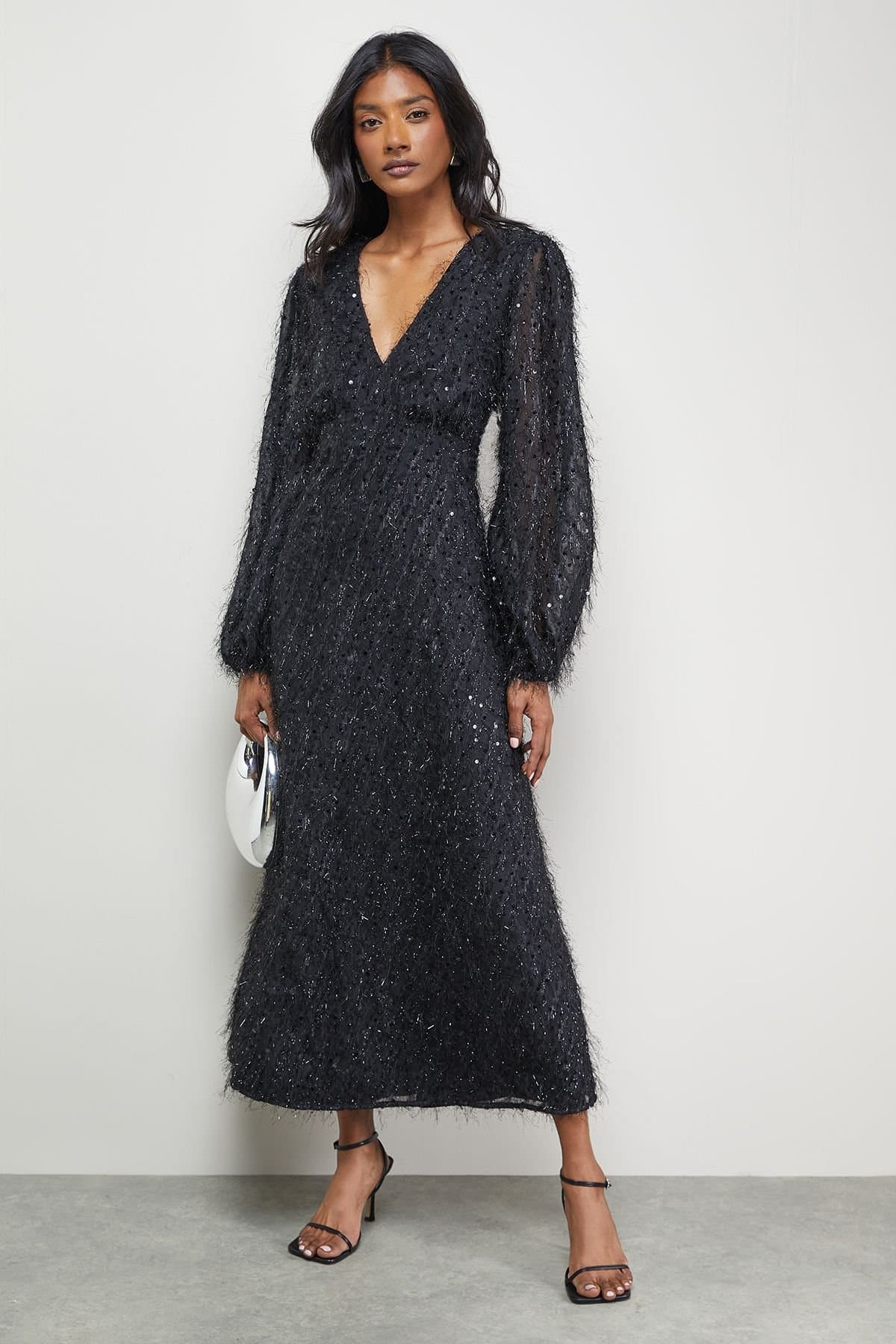 Warehouse Warehouse Women's Sequin Embellished Fluffy Plunge Neck Midi Dress in Black