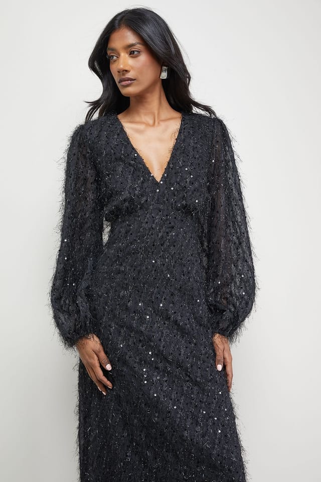 Warehouse Warehouse Women's Sequin Embellished Fluffy Plunge Neck Midi Dress in Black - 2