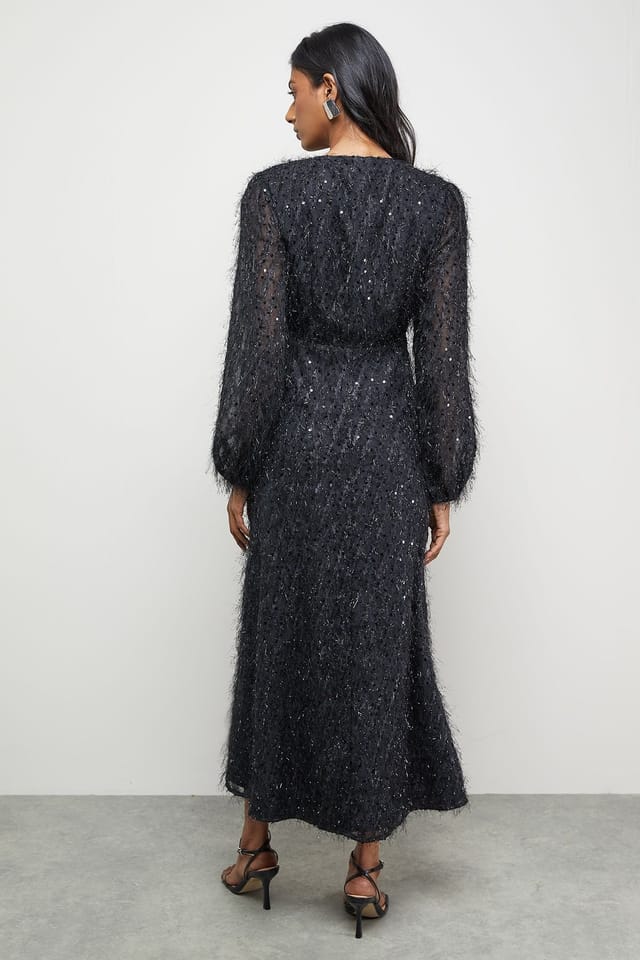 Warehouse Warehouse Women's Sequin Embellished Fluffy Plunge Neck Midi Dress in Black - 3