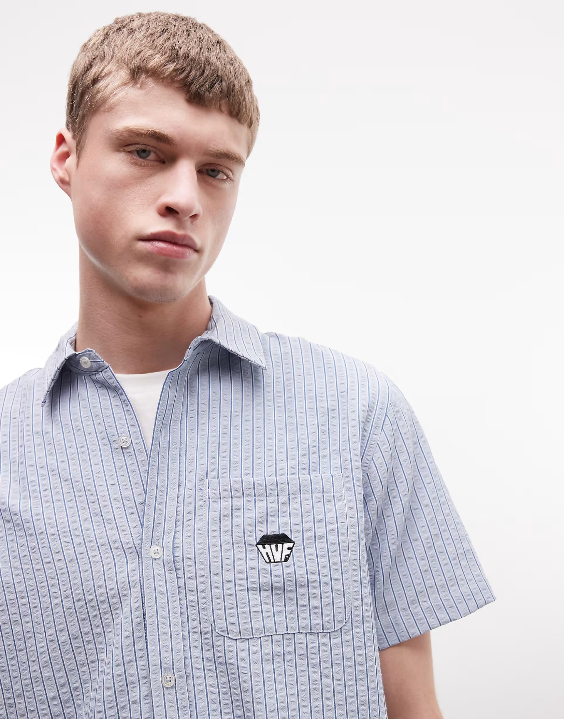 ASOS HUF big block logo stripe shirt in blue