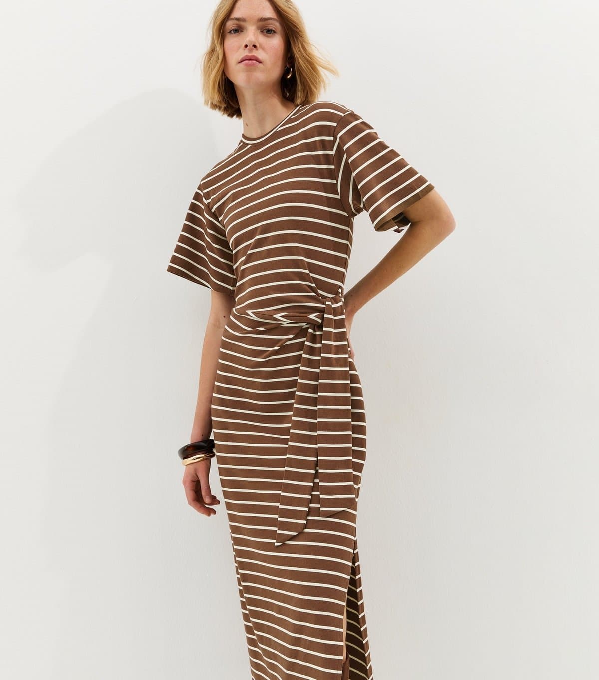 New Look Women's Brown Stripe Tie Waist Midi Dress New Look