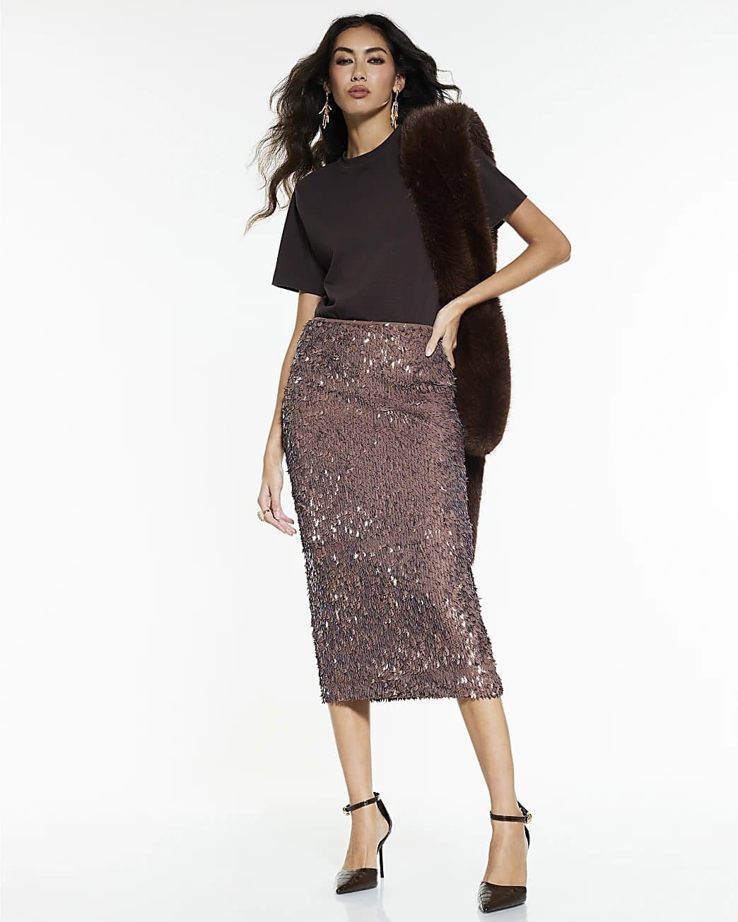 River Island River Island Womens Brown Sequin Midi Skirt